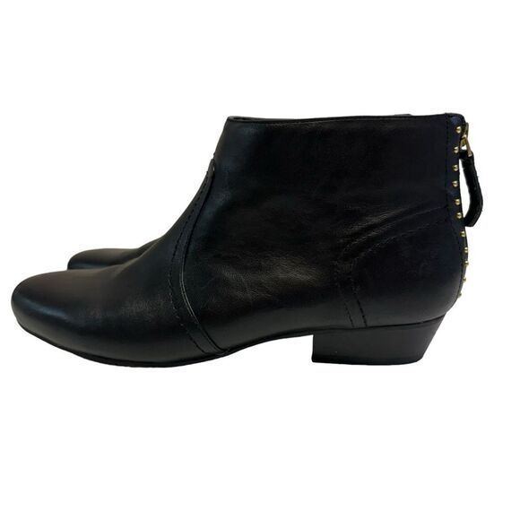Black‎ Leather Ankle Boots with Gold Studded Heel Accent Booties - Picture 4 of 12
